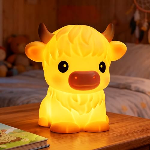 BPA-Free SiliconeHuggwaii Highland Cow Night Light for Kids Dimmable Squishy Night Light Touch Cow Lamp Highland Cow Gifts for Nursery 30 Auto-Off Timer Cute Room Decor for Boys Girls Women