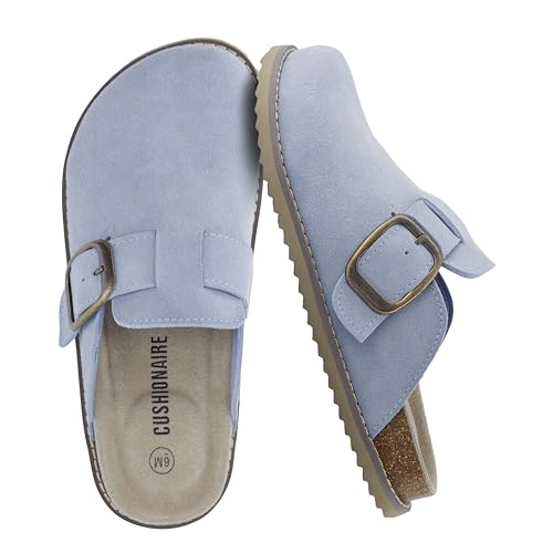 Image of CUSHIONAIRE Women's Blain Genuine Suede Slip-On Clogs with + Memory Foam & Chic Buckle Mule - Comfortable, Non-Slip, Wide Widths Available