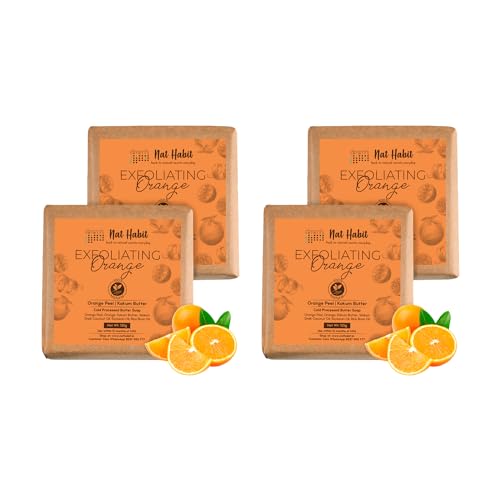 Image of Nat Habit Orange Kokum Butter Bath Soap for Women & Men | Cold Processed With Vit C for Body Acne, Pimple & Oil Control | Improve Skin Tone & Boost Collagen Production| Gentle Exfoliation| 125g X 4