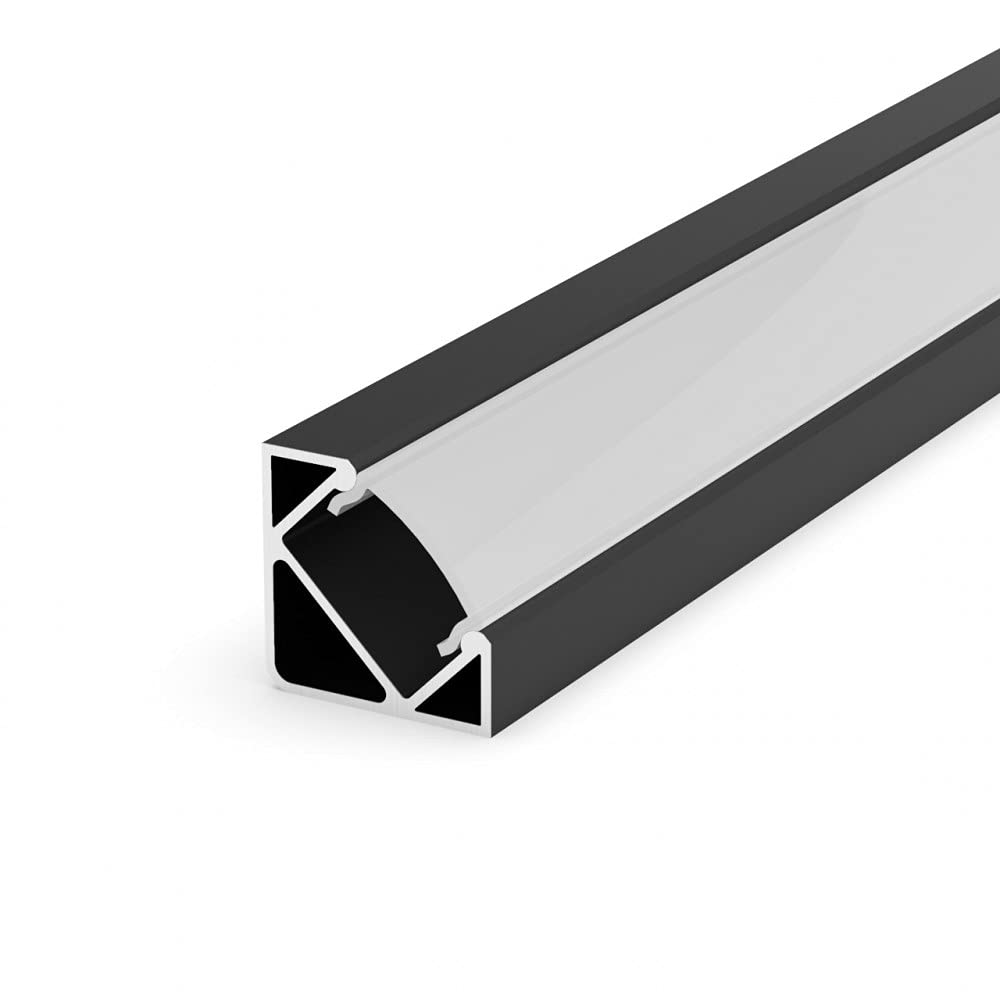 E3 Black Painted 1m Corner LED Aluminium Extrusion with Diffuser - Milky, end caps