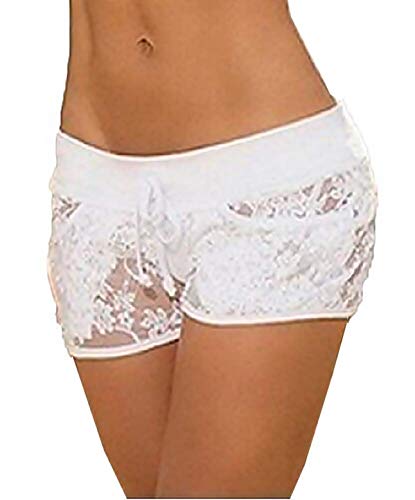 KIRALOVE Seksowne szorty damskie – szorty koronkowe – rozciągliwe – przezroczyste – kieszenie – morze – na plażę – basen – kostium kąpielowy – do klubu – hot Pants – lato – białe