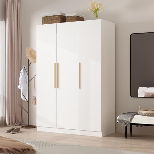 MOUMON Armario con 3 puertas y estantes, armario con barra para colgar, armario para dormitorio, color blanco (47.2 pulgadas de ancho x 18.9 pulgadas de profundidad x 70 pulgadas de alto)