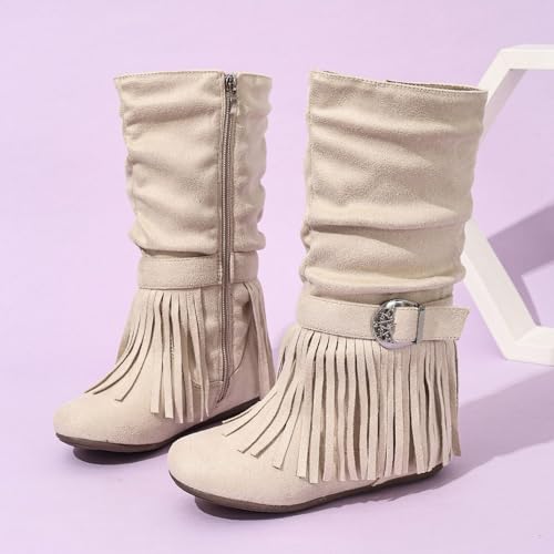 Mid Calf Boots for Girls Cute Buckle Zipper Flat Heel Slouchy Boot Slip On Casual Boots Round Toe Non Slip Sole Riding Boot for Fall Winter Spring Outdoor3