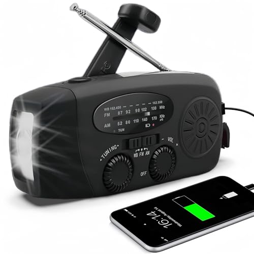 Radio solaire portable avec météo AM/FM/NOAA, générateur de manivelle, batterie externe rechargeable de 2000 mAh, chargeur USB pour téléphones portables, lampe de poche LED, pour urgences, camping,