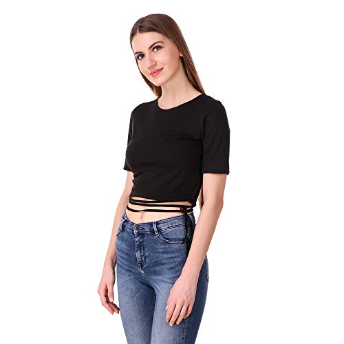 Image of Crop Tops for Women Stylish Clothing top-Tshirt for Girls with Finest Black Color Slim fit with tieup Half Sleeves Pack of 1