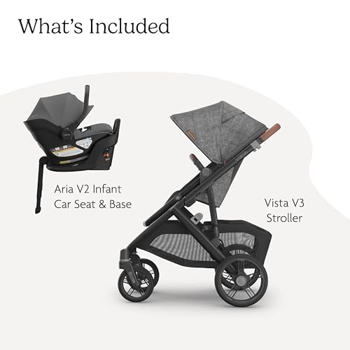 Image of UPPAbaby Vista V3 Stroller + Aria V2 Infant Car Seat Travel System Combo - Toddler Seat, Bumper Bar, Bug and Rain Shields, Car Seat Base, and Infant Insert Included - Evelyn (Meadow Green)