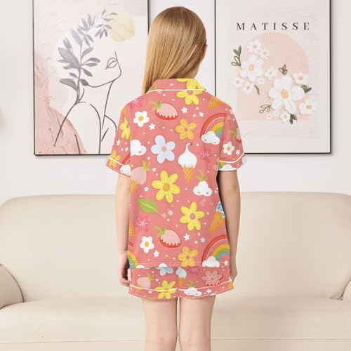 ALAZA Rainbow Ice Cream Strawberry Pajamas Satin Pajama Set Short Sleeve Button Down Sleepwear4