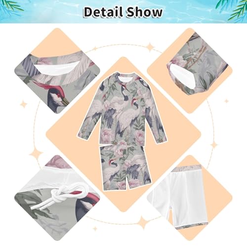 Retro Crane Bird Peony Boys Swimsuit Rash Guard Toddler Kids Long Sleeve Swim Shirt and Trunks Swimwear Set 3-10Y3