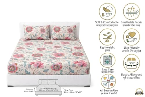 Image of King Elastic Fitted Sheet - Glace Cotton Material, Fits 8 Inch Mattress, 1 Double Bed Sheet + 2 Pillow Cases Pink Suraj mukhi