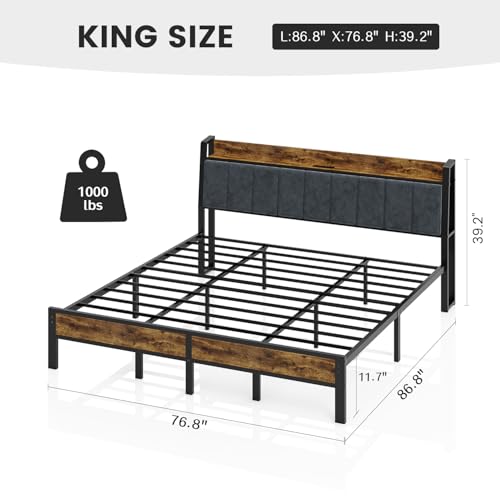 King Size Bed Frame with USB Charging Station, Storage Headboard with Smart LED Lights, Metal Platform Bed Noise Free, No Box Spring Needed, Easy Assembly - Image 3