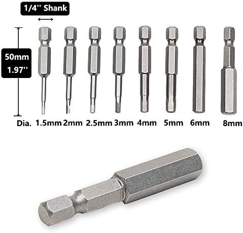 Saipor 8pcs Magnetic 1/4 Inch Hex Shank Screwdriver Inner Hexagon Bits Set H1.5-H8 Hex Head Allen Bit Set, 50mm/2 Inch Length