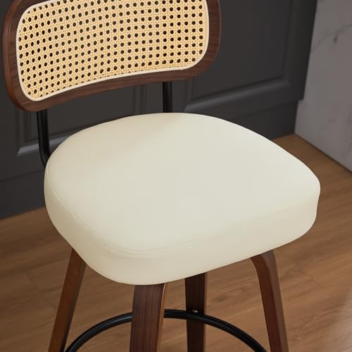 Image of YaFiti Counter Height Bar Stools Set of 2, 26 inch Rattan Counter Height Stools with Upholstered Seat, Walnut Craftsmanship, Swivel Counter Stools for Island /Kitchen /Counter /Bar (Pearl White)
