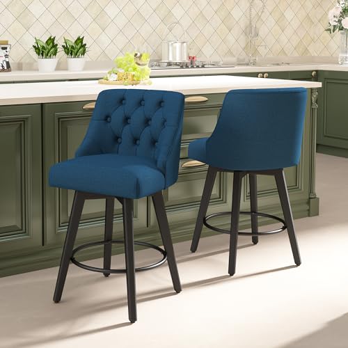 Image of Swivel Counter Height Bar Stools with Back, 26 inch H Seat Height Upholstered Fabric Counter Stools for Kitchen Island, Set of 2, Fabric in Dark Blue