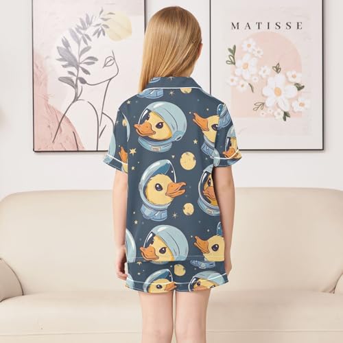 ALAZA Cute Astronaut Duck Space Pajamas Satin Pajama Set Short Sleeve Button Down Sleepwear4