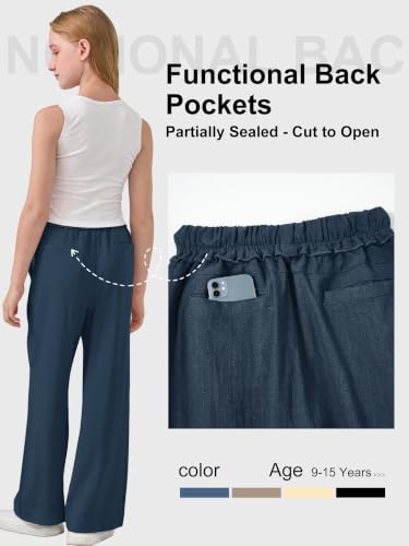 Image of Rolanko Girls Wide Leg Linen Pants Breathable Flowy Palazzo Trousers for School Beach Daily Wear 9-15 Years