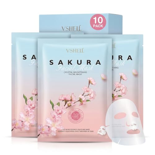 VSHELL Brightening Face Sheet Mask, Set of 10 - Japanese Hydrating Beauty Skincare with Sakura...