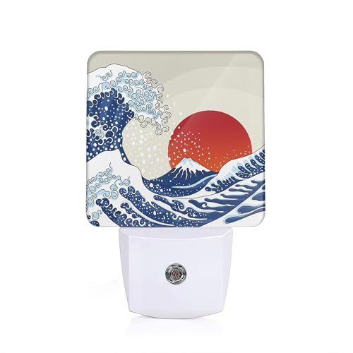 Image of Great Japanese Wave Night Lights Plug into WallRed Sun Decorative Night Light Dusk to Dawn LED Lamp for Bedroom Bathroom Living Room