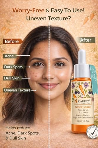Image of KARROT COSMETICS Niacinamide Face Serum for Brightening & Spot Reduction | With Kojic Acid & Mulberry Extract | Reduces Dark Spots, Refines Pores & Improves Skin Texture | Lightweight, Non-Sticky | For All Skin Types|30ml