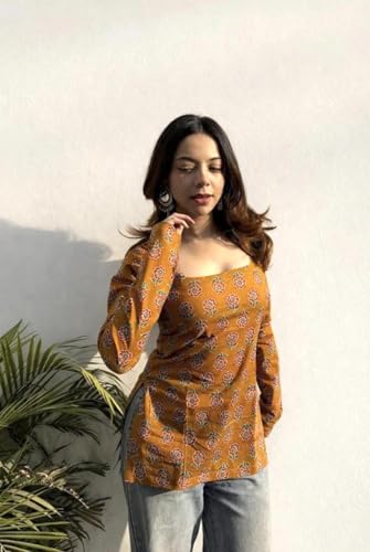 Image of FELISIA Women's Full Sleeves Rayon Printed Square Neck Short Kurti, Bell Sleeves, Short Kurti for Women, Stylish Ethnic Top, Daily Casual Western & Office wear