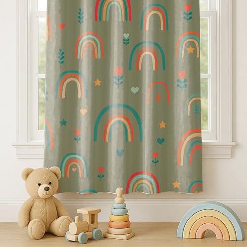 Image of STITCHNEST Velvet Kids Curtains Pack of 2 | Colorful Rainbow & Heart Print | Semi Blackout Curtains for Nursery, Toddler & Playroom | 5 Feet