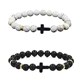 Ornaous Cross Charm 8mm Beaded Stretch Bracelets kit, Black Lava Rock and White Howlite Oil Diffuser...