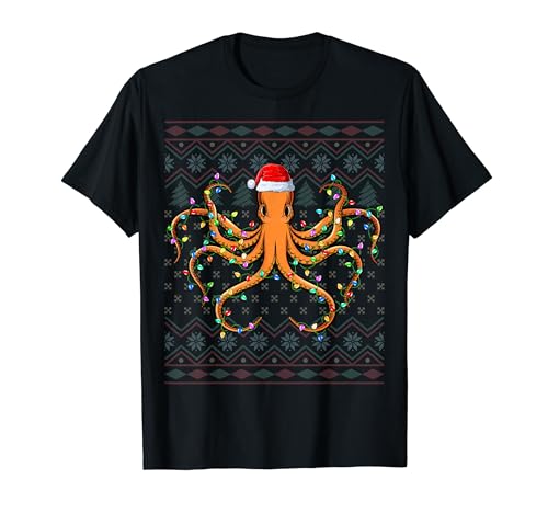 Octopus Xmas Lights Santa Hat Ugly Christmas Octopus Camiseta