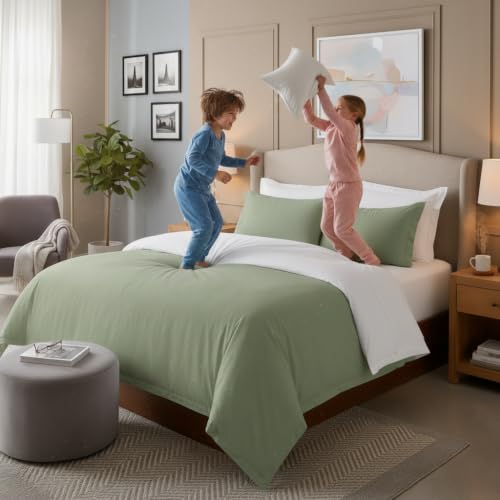 Image of Duvet Cover Single Size Bed (60x92 Inch) 1 Duvet Cover + 4 Pillow Covers with Zipper 600 TC Cotton Reversible Luxurious Quilt, Comforter, Rajai, Blanket Cover (White /Sage)