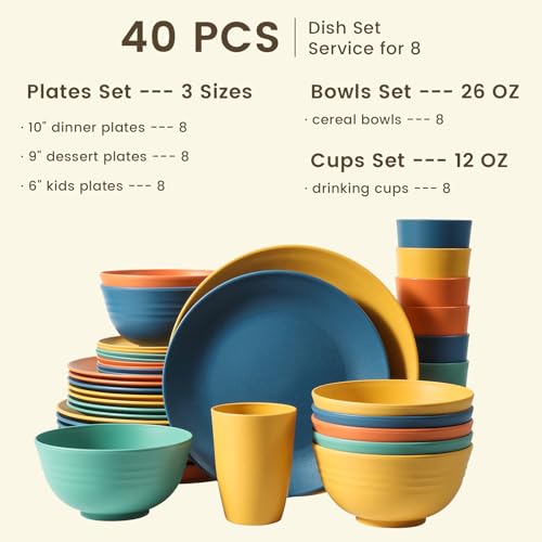 Homienly 40-Piece Premium Wheat Straw Dinnerware Sets, Service for 8, Unbreakable Plates and Bowls Set - Cups Sets, Dinner Plates, Bowls for Kitchen,Dishwasher and Microwave Safe Dishes Set - Multi - Image 3
