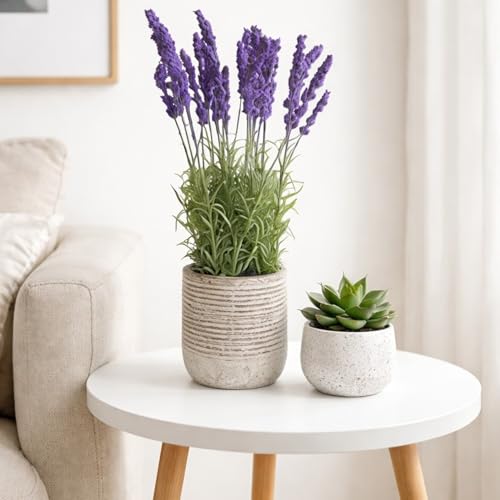 Image of Garden Art Artificial Lavender Plant with Pot - Flocked Purple Lavender Flowers in Textured Pot, Perfect for Home Decor, Office Desk & Gift Use (P-0230Purple)