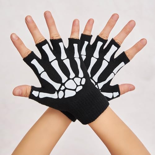 Skeleton Gloves For Women Men Adults Fingerless Goth Gloves Glow In The Dark Halloween Costume Emo Accessories