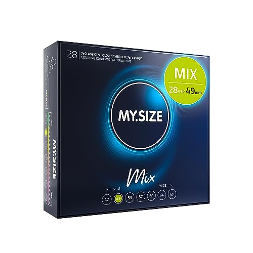 MY.SIZE Mix Premium Kondome Größe 2 49 mm 28 Stück | 4 Varianten: Classic Genoppt Blau & Rot | Großpackung