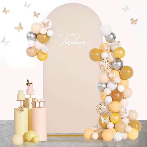 Image of SoarDream Arch Backdrop Cover Beige Spandex Fitted 5FT Wedding Arch Covers Balloon Round Top Chiara Arch Photo Backdrop Fabric for Bridal Shower Birthday Party Stage Decoations