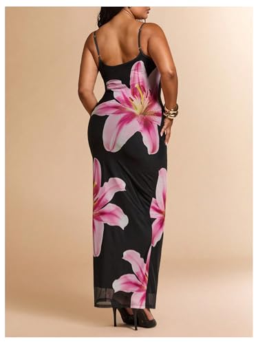 Image of BEAUDRM Women's Sexy Floral Plus Size Dress Date Night Club Cocktail Dress | Summer Vintage Mesh Bodycon Maxi Dress, Elegant Wedding Guest Dresses