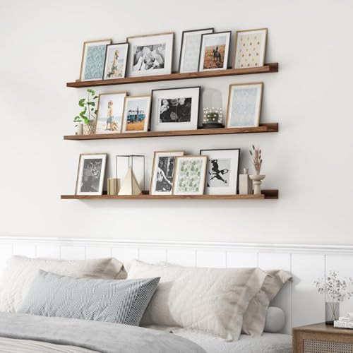 Image of Genuine Decor 72 Inch Walnut Solid Wood Floating Wall Shelf, Extra Long Wall Mounted Shelf