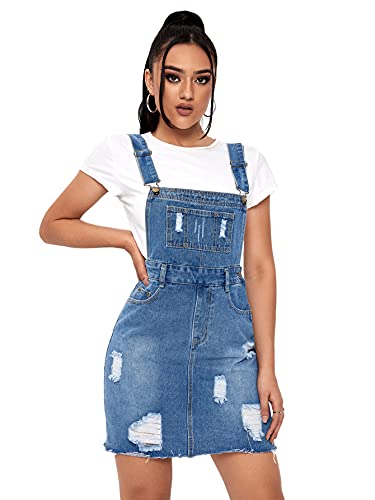 Sweatyrocks Women's Distressed Adjustable Strap Denim Overall Dress Blue M #TOP2