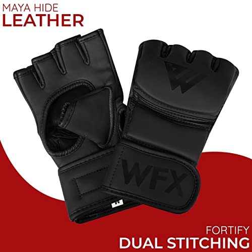 WFX MMA Boxing Gloves Open Palm Padded Knuckles Fist Wraps Martial Arts Training Leather Gloves Sparring Grappling Speed Bag Combat Mitts Kickboxing Punching Muay Thai Cut Pad Support (Black - Image 2