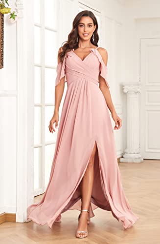 Cold Shoulder Bridesmaid Dress Long for Women with Slit Spaghetti Straps Chiffon Formal Party Dresses2