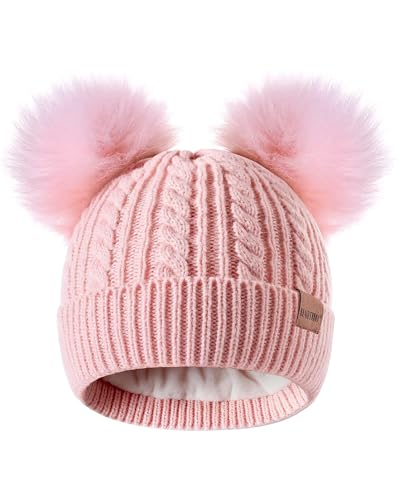 Image of HAITHO Winter Hat for Kids Toddler Children, Girls Beanie with Double Pom Pom Warm Fleece Lined, Girls Accessories Knit Cap