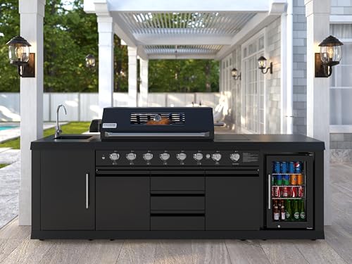 Image of KoolMore Reserve Outdoor Kitchen Island with 6 Burner Grill and a Side Burner, Sink, Storage Cabinet, and Beverage Refrigerator, CSA Listed in Sleek Black