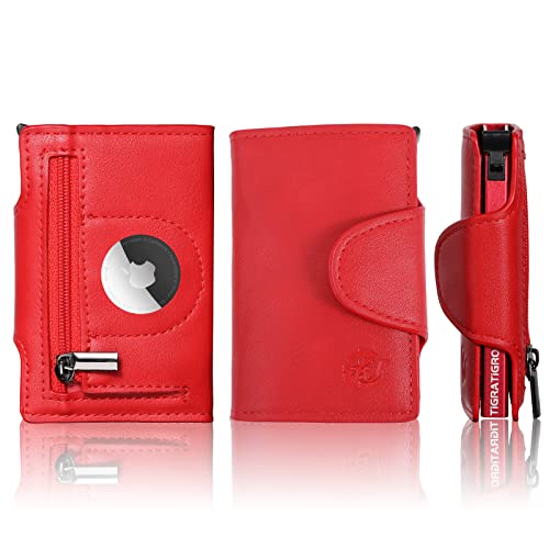[Tigratigro] Porte-cartes de crédit blindé, portefeuille pour hommes et femmes, anti-clone avec protection Rfid, poche à monnaie zippée, rouge, 10cm*7cm*1.5cm, Deux portes compatibles Airtag Cover