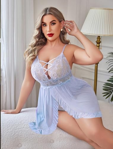 Image of SSoShHub Women's Plus Size Lingerie Beautiful Babydoll Snap Crotch Lace Chemise Ruffles Nightwear Bodysuit with Babydoll