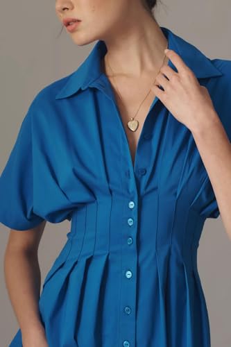 Image of Women's Striped Button Front Pleated Maxi Shirts Dress Short Sleeve Collar V Neck Summer Casual Corset Long Dress