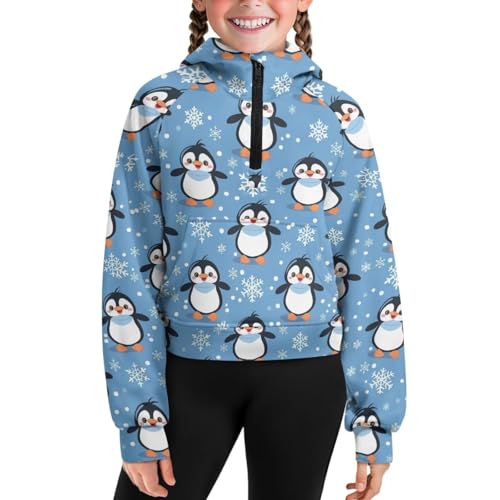WELLFLYHOM Girls Cropped Sweatshirt 5-14T 1/2 Zip Up Collar Hoodies Graphic Long Sleeve Sweater Top with Pocket