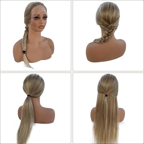 Image of Belaved Highlight Ash Brown Lace Front Wigs Human Hair HD Frontal 100% Real Human Hair Ombre Pre Plucked Glueless 180% Density Seamless 13x4 Straight for Women Natural Hairline 16 Inch