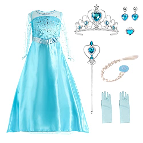 LOMUG Robe Princesse Elsa, Robe de Princesse Reine, Robe Princesse Fille, Jupe Tulle Longue pour Cosplay Mariage Carnaval Fête d'anniversaire, avec Accessoires de Baguette Magique Couronne 120cm Cover