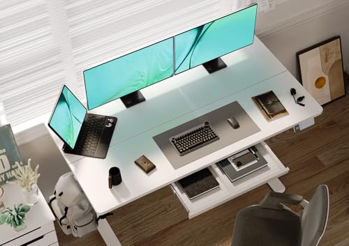Image of Claiks Electric Standing Desk with Drawers, 55x24 Inch White