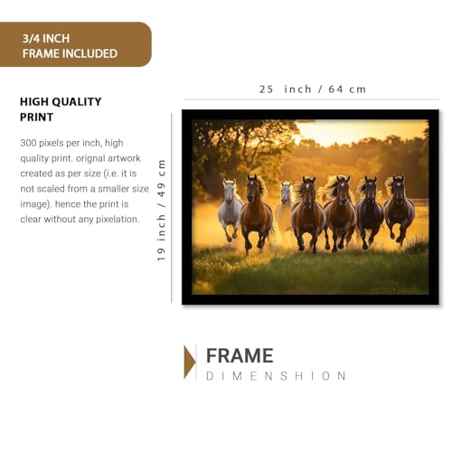 Image of HOTHOUSE Seven Running Vastu Lucky Horse | 7 Horses Vastu Frame Wall Art Painting for Living Room Bedroom Office Home Decor Rising Sun Painting Wall Decor Size (19X25 inch)