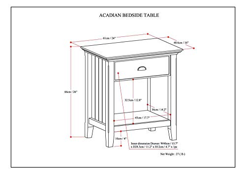 Simplihome Acadian 24 Inches Wide Night Stand, Bedside Table, Brunette Brown Solid Wood, Rectangle, With Storage, 1 Drawer And 1 Shelf, For The Bedroom, Transitional #TOP2