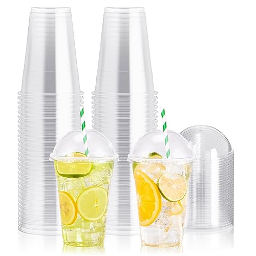 100 PACK 16 oz Clear Plastic Cups with Dome Lids Disposable Dessert Cups Parfait Cup for Ice Cream Iced Cold Coffee Drinks Cupcake Fruit for Party