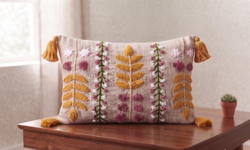 Image of Furnistitchs Boho Rectangle Cushion Cover 12x20 inches | Handmade Decorative Throw Pillow Case | Bohemian Home Decor Sofa Bed Cushion Cover Living Room Bedroom (1, Pink Bloom, 12x20 inches)